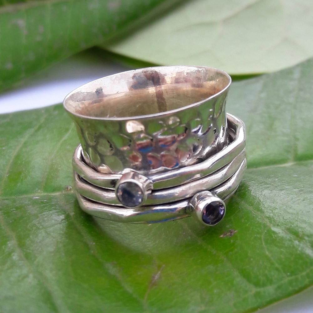 Серебряное вращающееся кольцо с лунным камнем и аметистом, кольцо-вертушка в форме сердца, кольцо из стерлингового серебра 925 пробы, кованое кольцо, кольцо тревоги, кольцо беспокойства, подарок для нее
