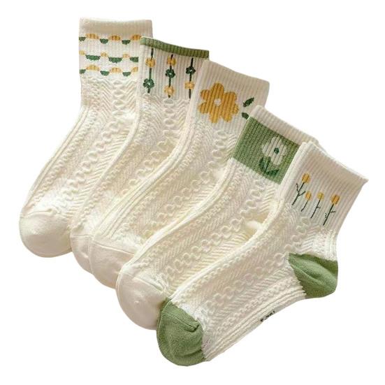 5 Pairs Women Socks Refreshing Flower Prints Mid-tube Shallow-cut High Elasticity Soft Breathable Sweat Absorption Anti-slip Girls Daily Sports Socks