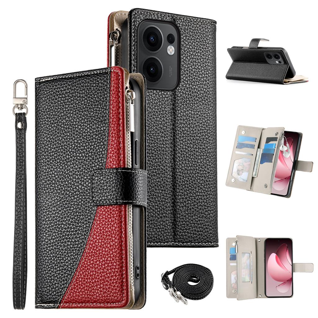For Oppo Reno13 F 5G Case Zipper Wallet Color Splicing Leather Flip Phone Cover with Straps