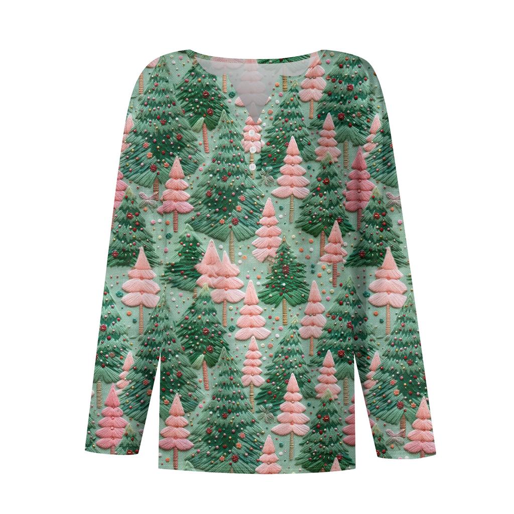 Women's Fashion Casual V-Neck Button-Up Long-Sleeve T-Shirt With Christmas Print Top