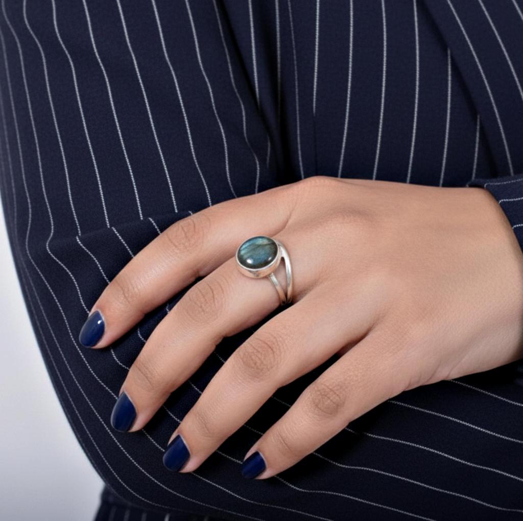 Blue Labradorite Round Statement Ring, 925 Sterling Silver, Handcrafted Minimalist Jewelry for Women