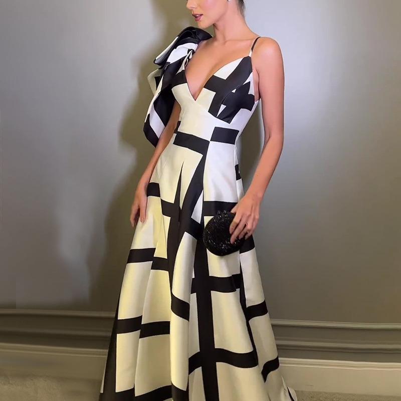 Модное длинное платье с геометрическим узором и высокой талией, элегантное женское вечернее платье, сексуальное женское вечернее платье без рукавов с открытой спиной