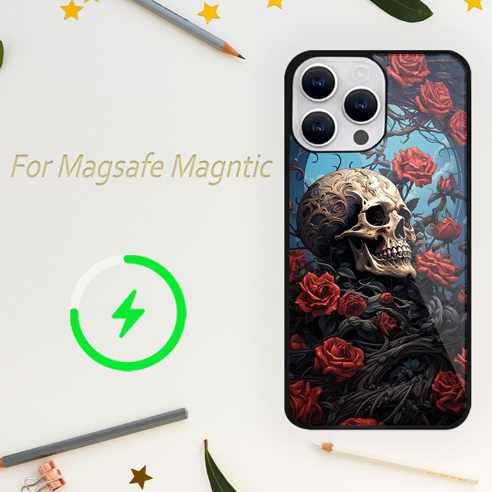 Роскошный чехол для телефона Skull Dead Flowers для iPhone 15 14 13 12 11 Plus Pro Max Magsafe Magnetic Wireless Charger