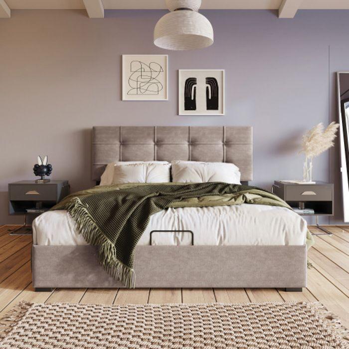 Lit double 140x200 cm - MUVOE - Tête de lit réglable - Coffre de rangement - Velours gris - Sommier à lattes