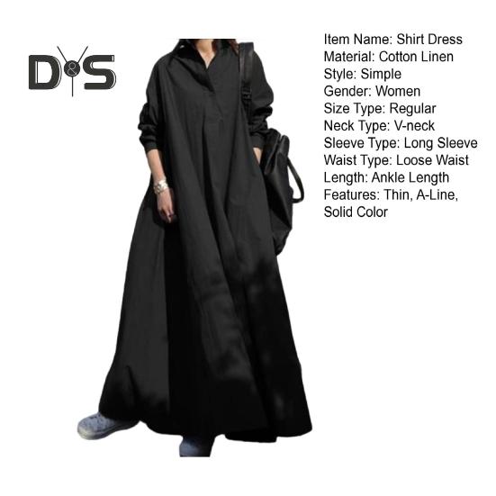 Женское платье-рубашка с длинным рукавом и V-образным вырезом, однобортное, однотонное, свободного покроя, повседневное, длинное, в уличном стиле