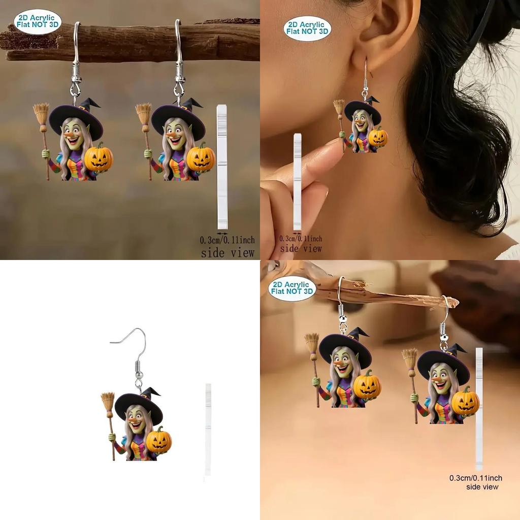 Witch Halloween Theme Broom And Pumpkin Pattern Women Earrings For Festival