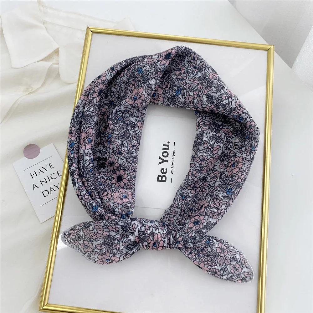 Floral Print Neckerchief Small Hijab Scarfs Women Fashion Handkerchief Neck Scarf Shawls Cotton Blends Korean Hair Scarves 58CM