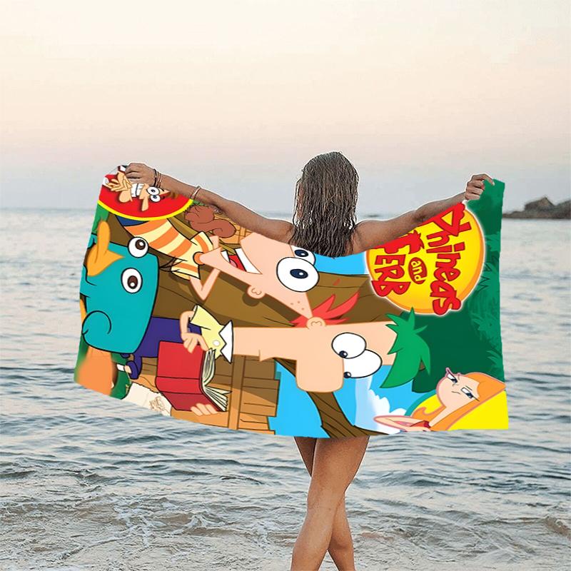 1pc Phineas and Ferb1 Beach Towel, Beach and Seaside Swimming Pool Equipment, Fashion Pattern, Rectangular, Travel Essentials