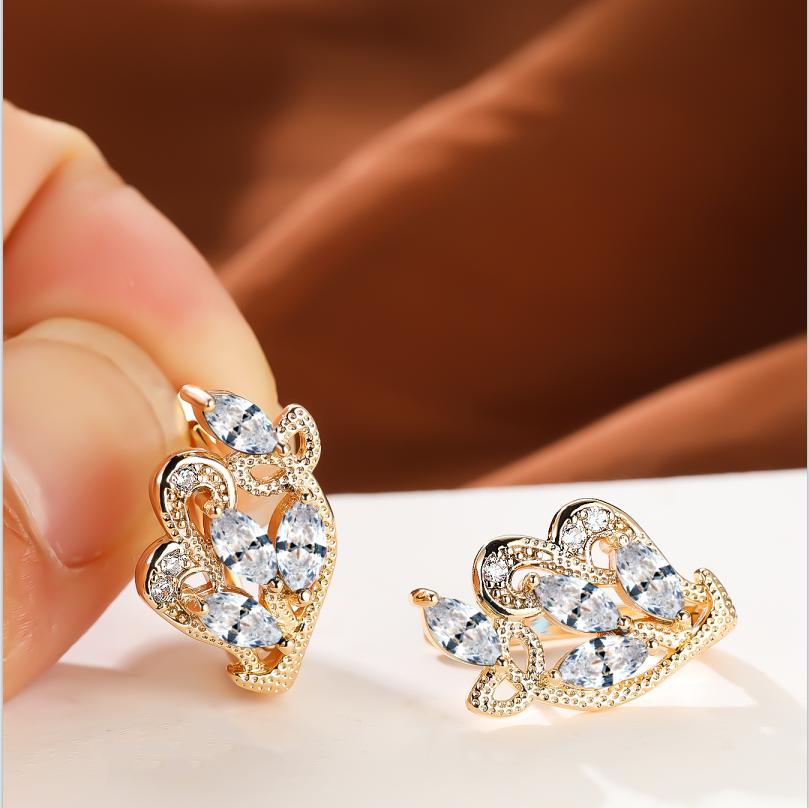 1 пара серег золотого цвета с радужным камнем и цветочным узором в виде листьев, красные, желтые, синие, зеленые, висячие полые серьги с камнями