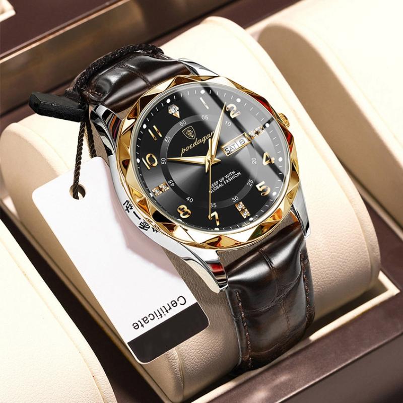 2024 Новый тренд, модные роскошные мужские часы, светящиеся водонепроницаемые часы с двойным календарем, ультратонкие кожаные мужские часы с автоматическим механизмом, украшенные бриллиантами