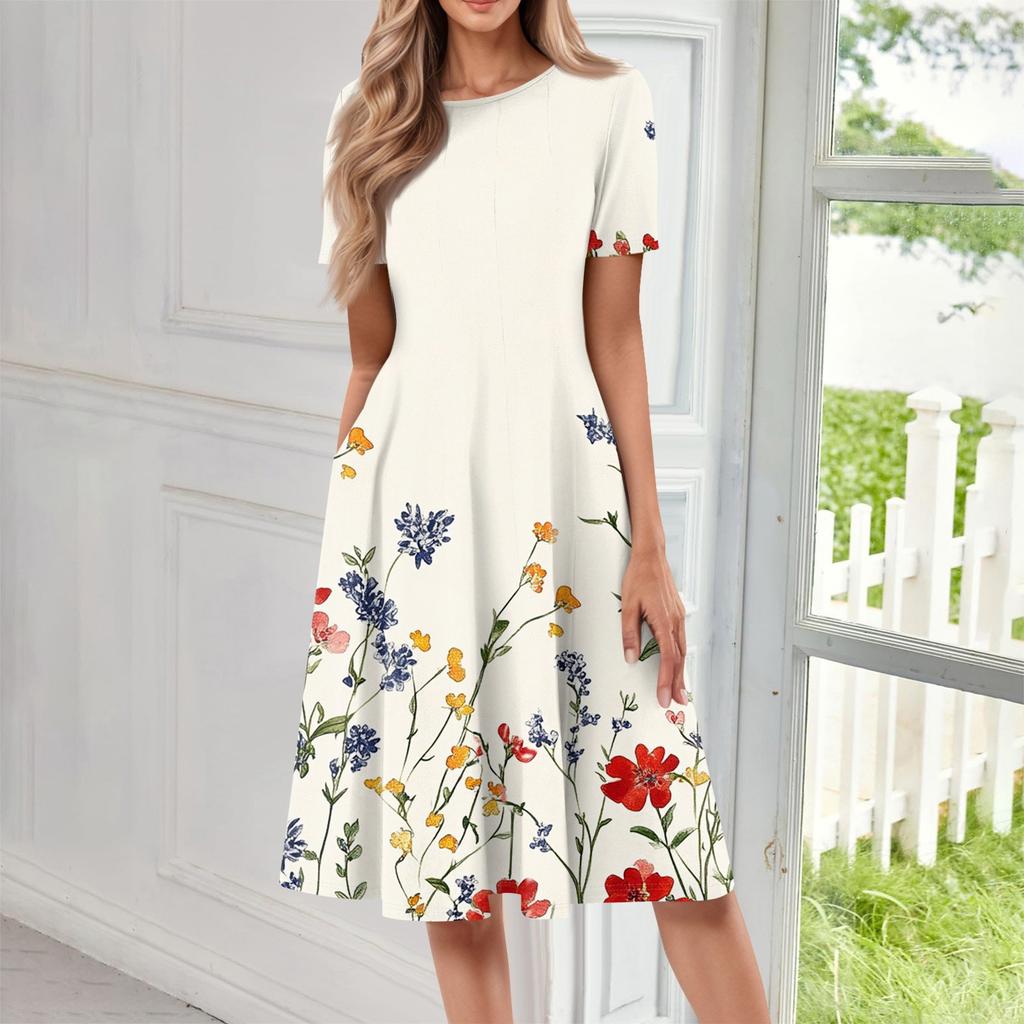 Women's Fashionable Print Round Neck Loose Short Sleeved Pocket Pullover Dress