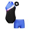 Girls Sleeveless Rhinestones Patchwork Leotard Hair Band V Front Waistband Shorts Dance Gymnastics Set