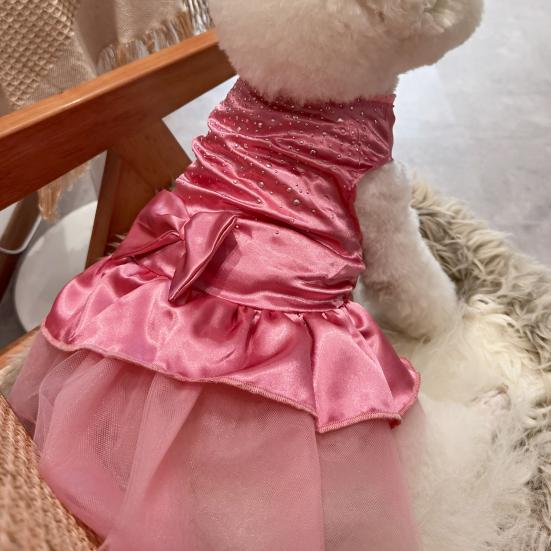 Pet Dress Shiny Rhinestone Stand Collar Soft Comfortable Eye-catching Shirring Princess See-through
