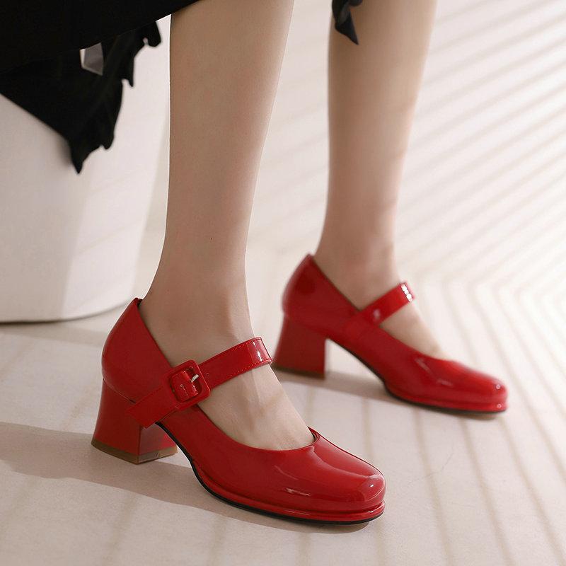 Patent PU Leather Orange Red Closed Toe Women Pumps Big Size 47 48 Mature Lady Office Shoes Buckle Strap Mary Jane Chunky Heels Big Plus Size 48