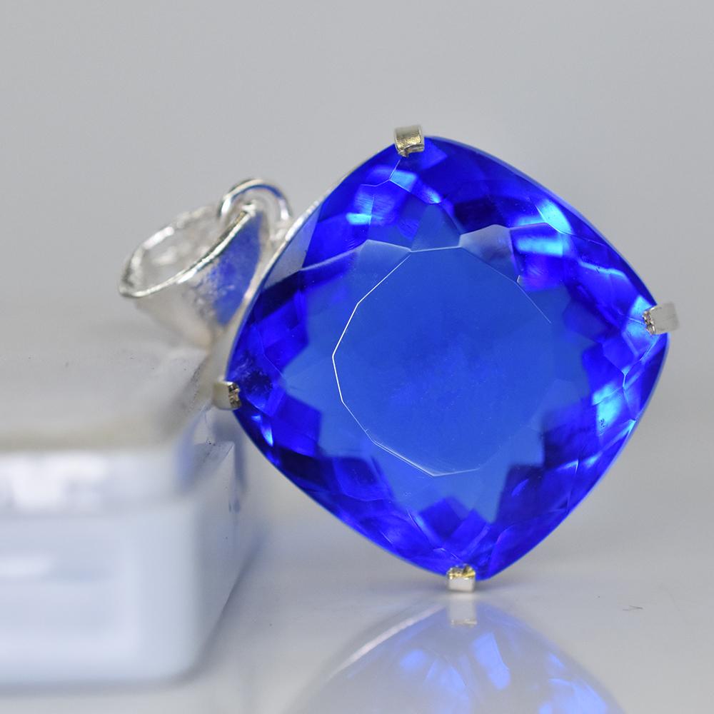 BLUE Sapphire 91 Ct CERTIFIED Square Cushion 925 Sterling Silver GEMS Pendant MY-PD-147-NS