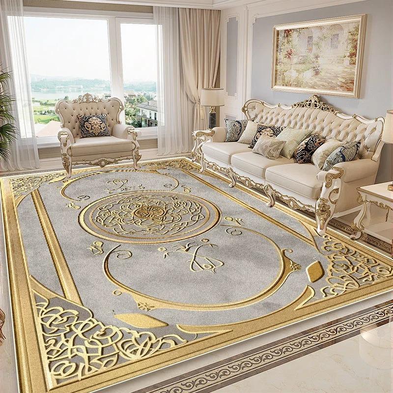 European Style Golden Carpet Living Room Luxury Decoration Flannel Large Rugs Sofa Area Coffee Tables Non-slip Soft Mat Bedroom