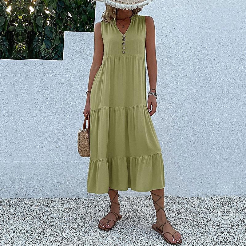 Sleeveless V Neck Casual Summer Women Dress Fashion Loose Elegant Office Ladies Dresses Layered Ruffled Solid A-line Female Dress 922