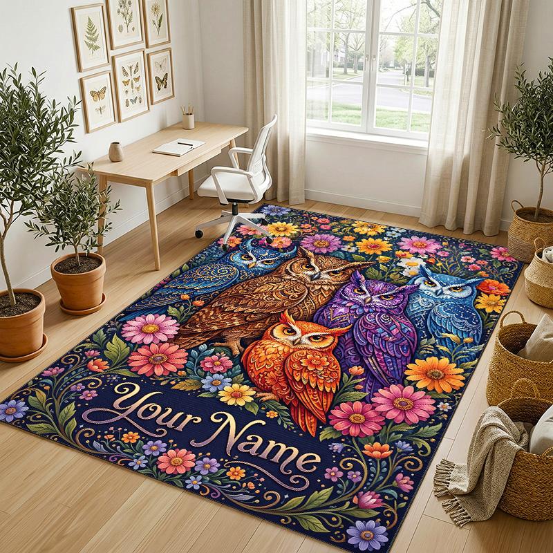 Colorful Owls Theme Soft Crystal Velvet Rug Custom Name & Text Print Non Slip Floor Rug for Bedroom Living Room