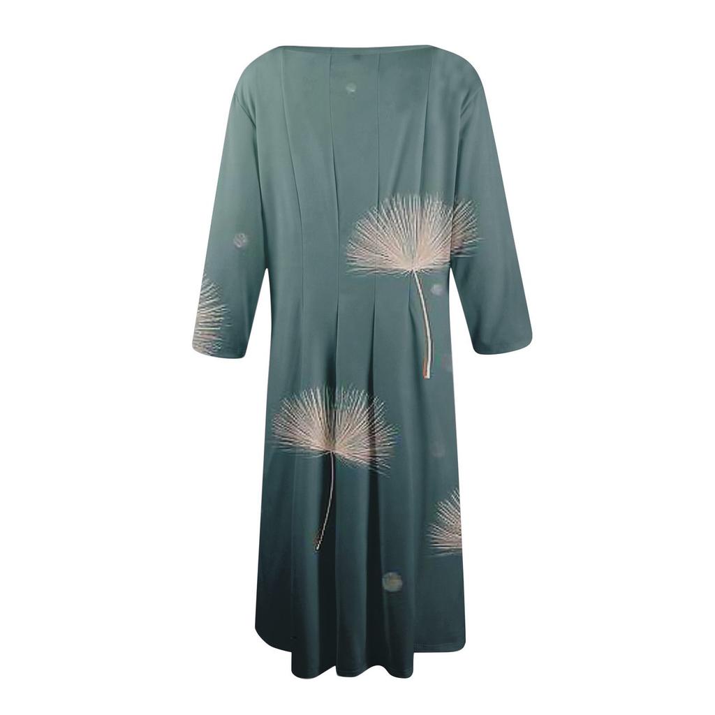 Women's Casual Fashion Round Neck Three-quarter Sleeve Floral Print Midi Dress