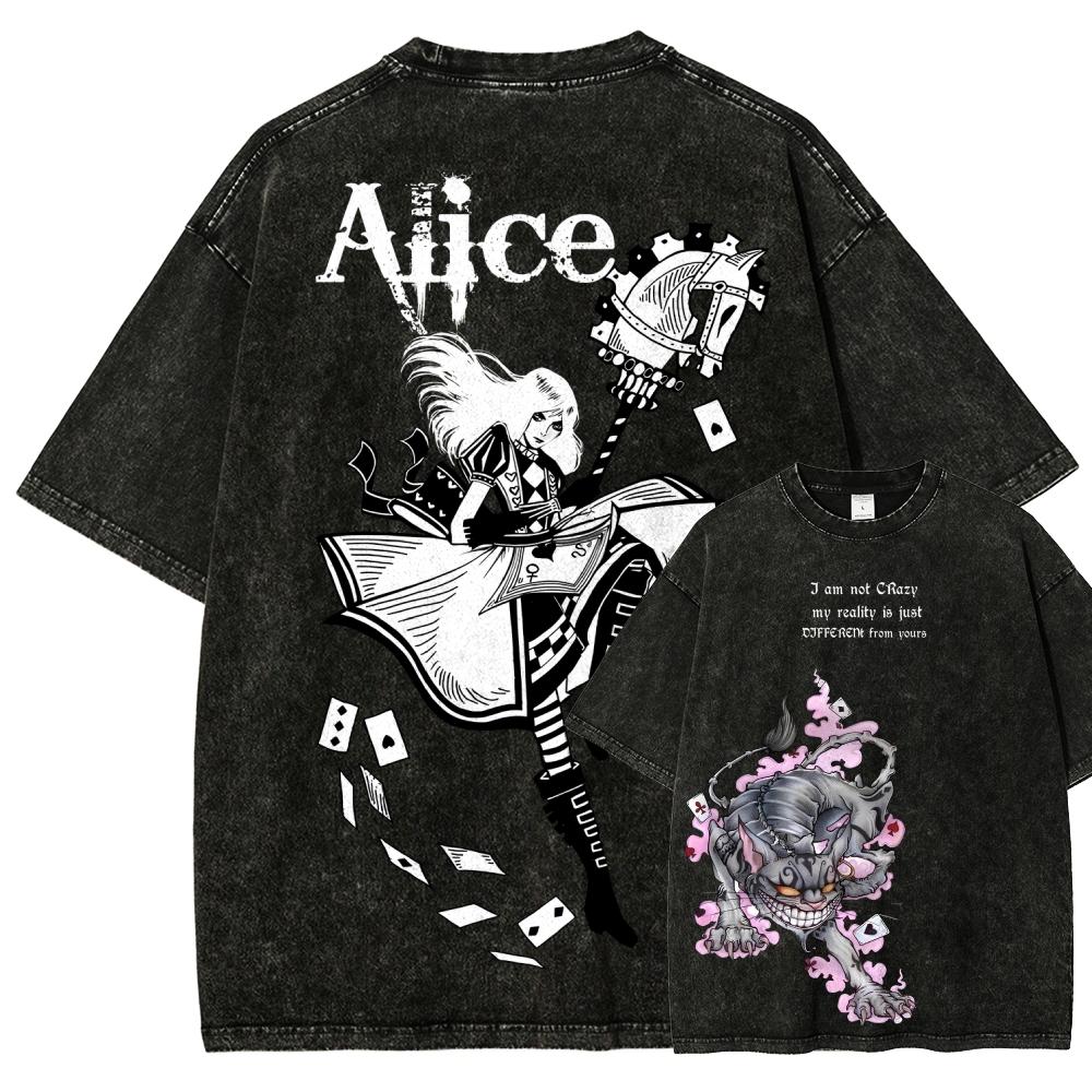 Alice Madness Returns Винтажная стираная футболка с графическим принтом Унисекс Круглый вырез Короткий рукав Хлопок Повседневная Уличная мода Футболки Топы для мужчин женщин