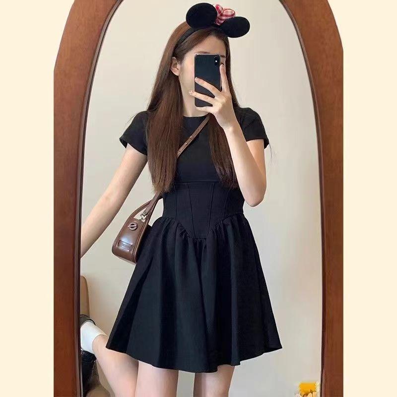 Feeling Hepburn style women's summer new design feeling waist and thin age reduction short dress black dress