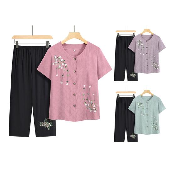 Комплект из двух предметов с цветочным принтом для пожилых женщин, повседневный топ с короткими рукавами и брюки на пуговицах, летняя одежда для бабушек и мам