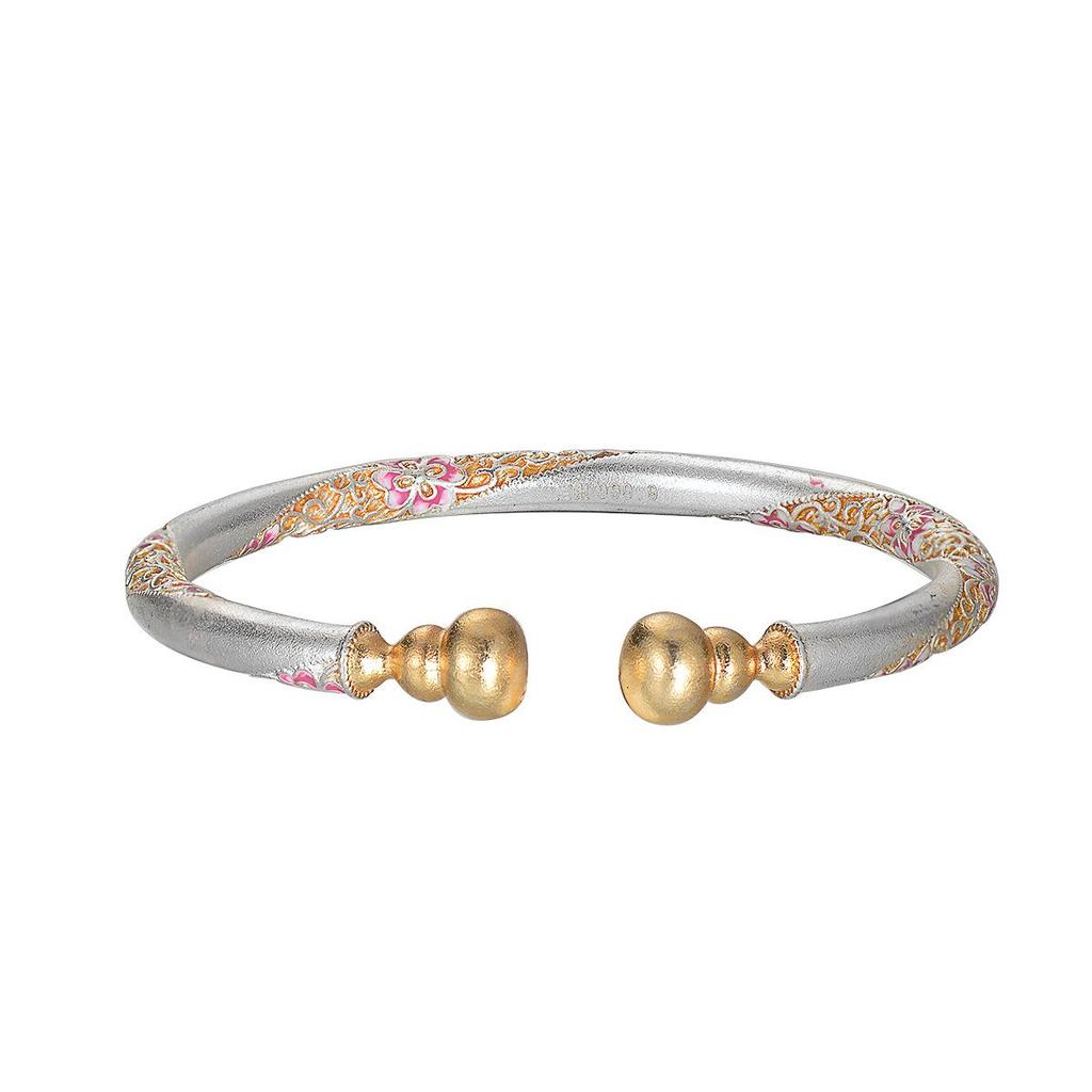 Цветочный перегородчатый эмалевый браслет-гурд - Женский посеребренный браслет из белой меди