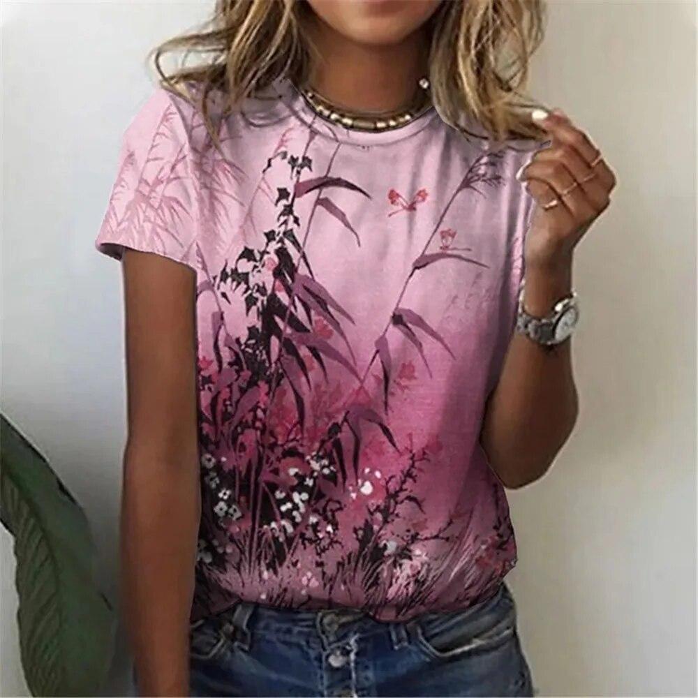 Новая женская футболка с красивым цветком, летний топ с круглым вырезом и короткими рукавами, розовый модный повседневный женский уличный топ