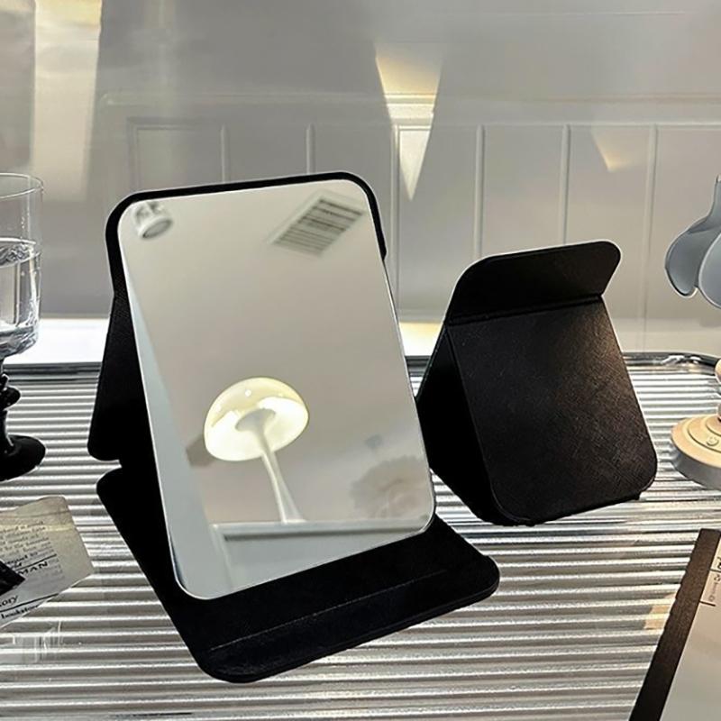 Desktop Makeup Mirror Solid Color Pu Leather Simple Portable Handheld Black Mirror Foldable Student Compact Cute Pocket Mirror