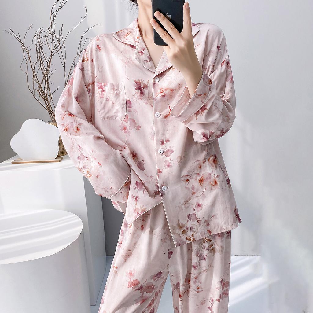 Sweet wind floral pajamas women's spring and summer long-sleeved cardigan loungewear spring and autumn thin national style cotton and silk suit can