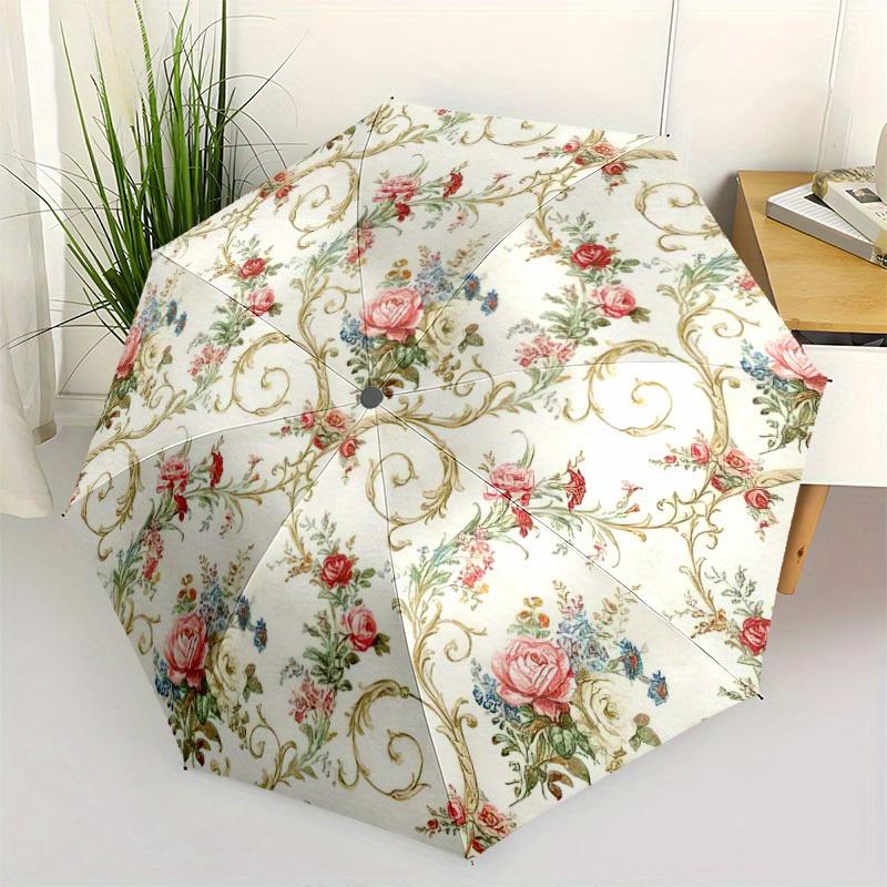 Vintage Floral Automatic Folding Umbrella - 8-Rib Durable Iron Frame, Compact Travel Design with Elegant Pink & Green Floral P
