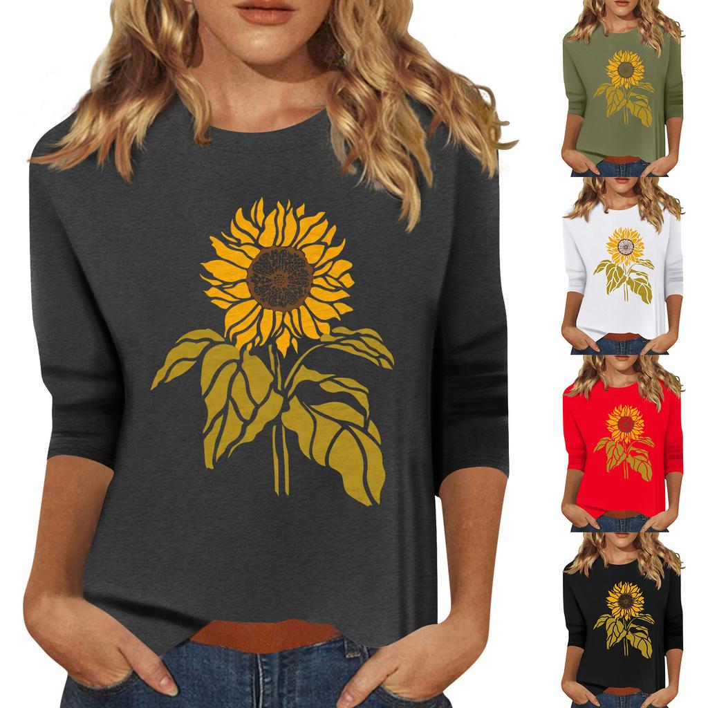 Women's Fashion Casual Printed Seven Sleeve Round Neck Top