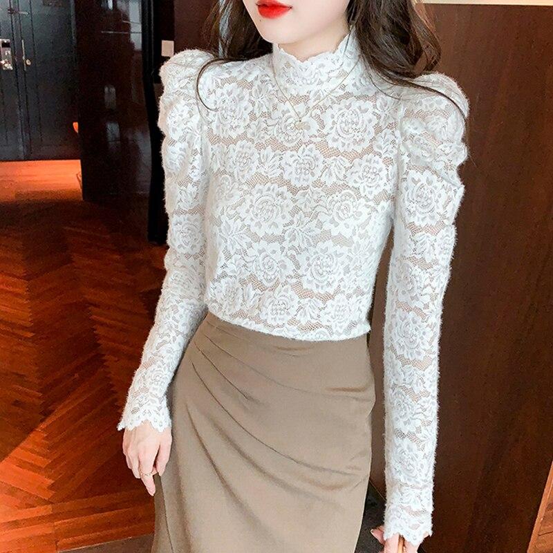 2023 Осенняя кружевная блузка с воротником-стойкой, женская элегантная блузка с длинными рукавами и низом, Mujer, белые женские рубашки 29175