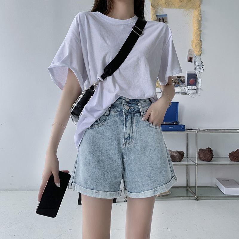 Классические и минималистичные модные универсальные женские летние шорты с высокой талией и двойной пряжкой, свободные, тонкие, широкие, с подворотом, A Word, супер джинсовые шорты, индивидуальность