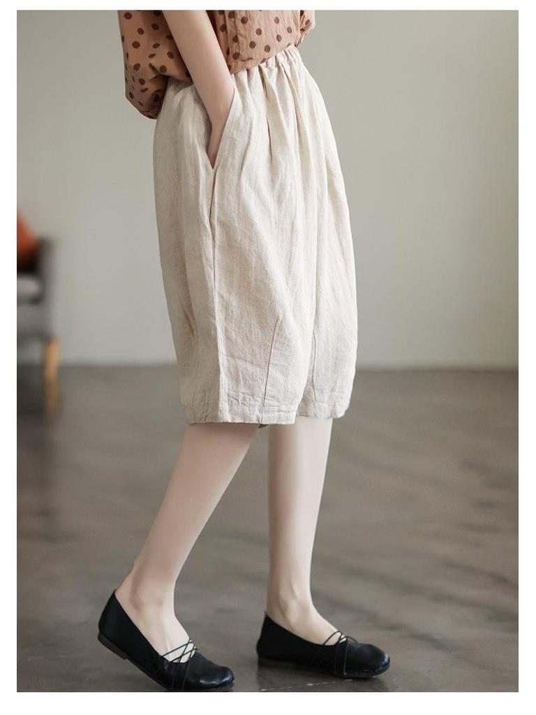 В наличии: Женские летние ретро хлопково-льняные брюки - Эластичная талия, Дизайн пять точек, Большой размер, Повседневный стиль