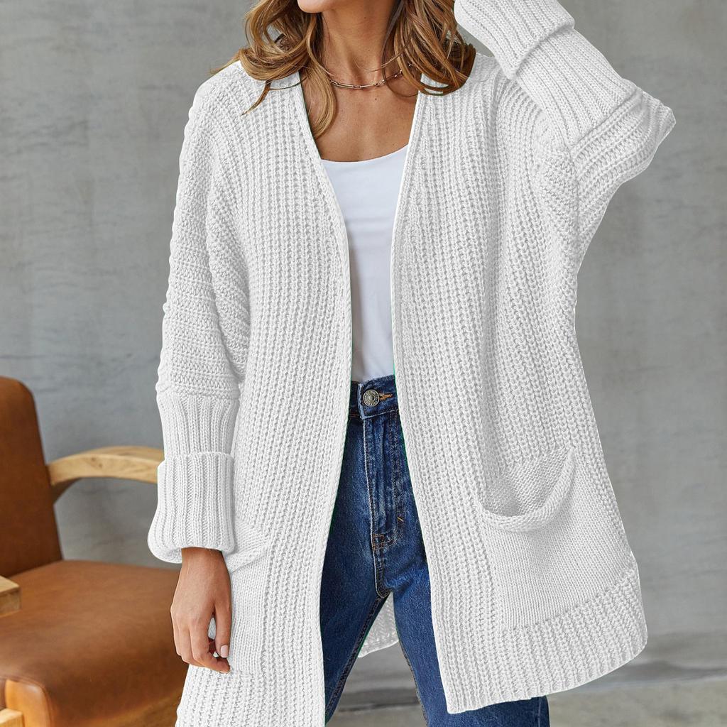 Женский повседневный вязаный кардиган большого размера с длинным рукавом и V-образным вырезом, свободный дышащий свитер средней длины с карманом, однотонное простое модное мягкое трикотажное пальто