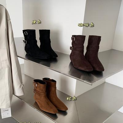 Замшевые полусапоги на толстом каблуке с круглым носком женские 2025 осень и зима новые модные сапоги две носки женские сапоги ретро пряжка на ремне короткие сапоги