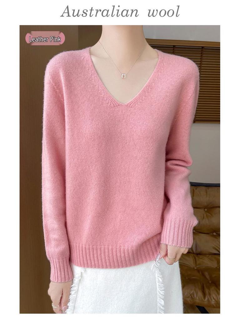 Minimalist 100% Wool V-Neck Sweater: Seamless, Solid Color, Long Sleeve, New Women's Knit