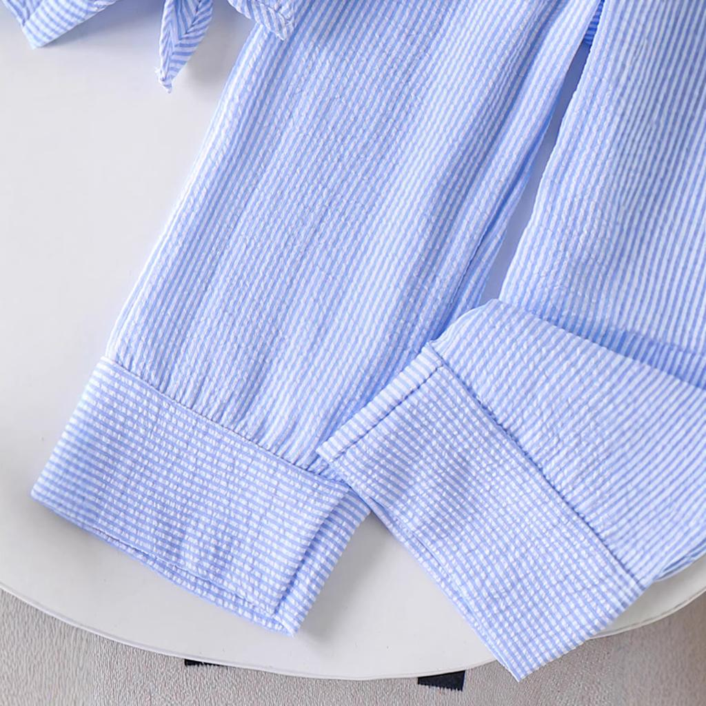 Girls' Fashionable Blue Suit for Summer Children's Casual Striped Flared Short-sleeved Loose Pants Set of Two Pieces