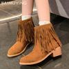 Tassels Chunky Women Ankle Boots Suede Pointed Toe Fashion Mid Heels Shoes Trend Designer Pumps Winter New Botas De Mujer