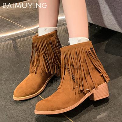 Ботильоны женские с кисточками, массивные, замшевые, с острым носком, модные туфли на среднем каблуке 2025 года, дизайнерские туфли-лодочки, новинка зимы, Botas De Mujer