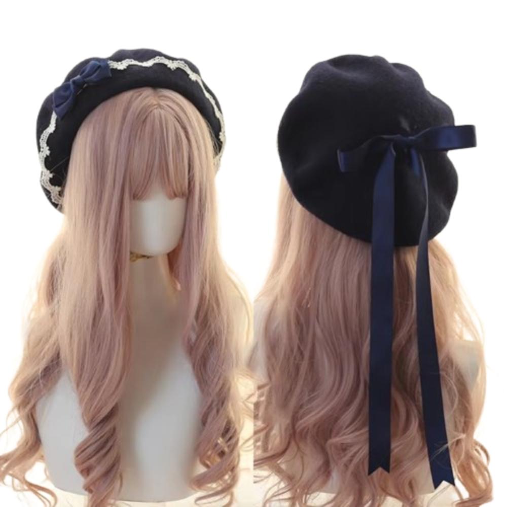 Warm Girl Lace Bow Hat Sweet Painter Hat Y2k Beanie Cap Female