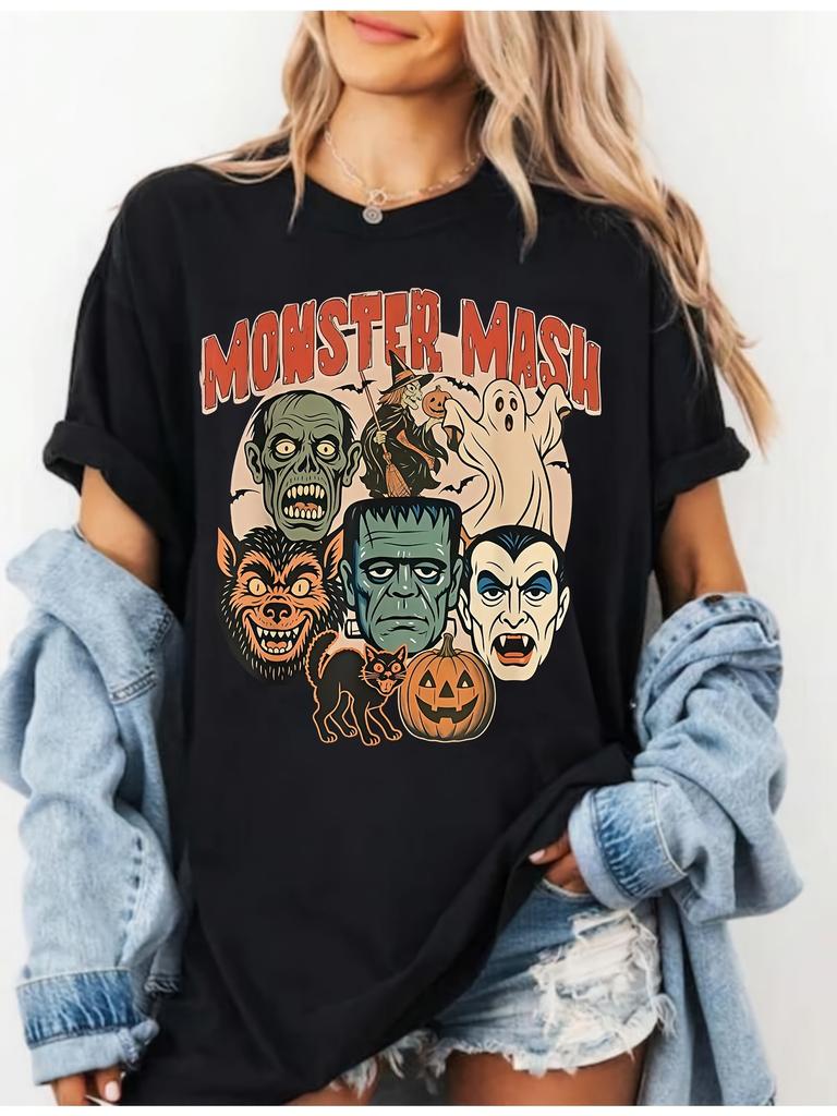 Мужская и женская винтажная футболка Monster Mash Classic Horror Monsters Хэллоуин, унисекс, 100% хлопок, мягкая, для всех сезонов, повседневная, уличная