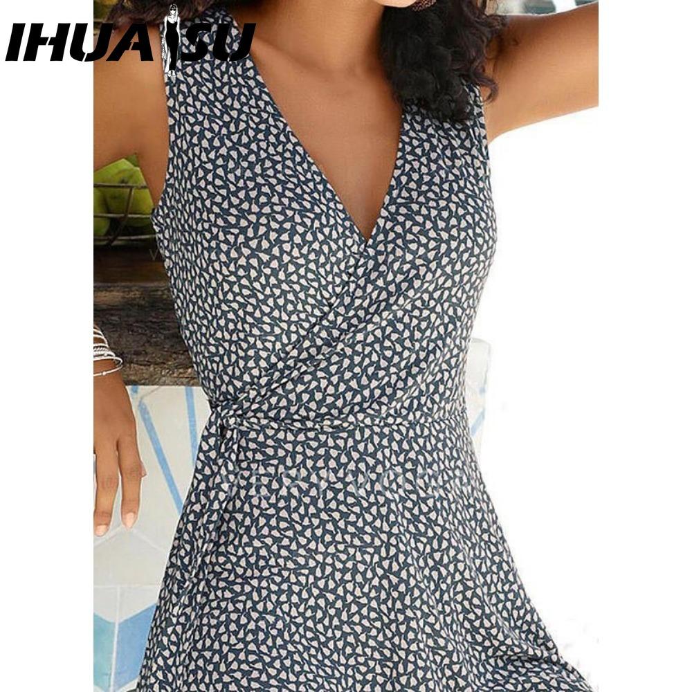 IHUASU Платье в горошек с принтом женское без рукавов бандажное пляжное платье летние богемные платья для женщин повседневные платья с V-образным вырезом женский халат