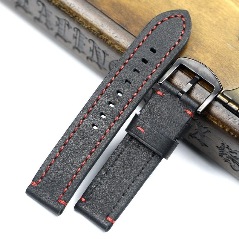 18, 19, 20, 21, 22 мм, мягкий черный с белыми, красными швами, ремешок из натуральной кожи для Samsung S2 S3, военный большой ремешок для часов Pilot