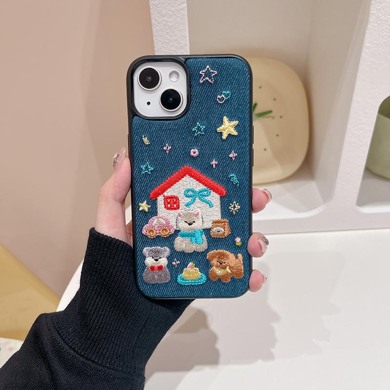 Модный Джинсовый Чехол для Телефона с Вышивкой Щенка для iPhone 16 15 13 14 Pro Max Ударопрочный Задний Чехол-Оболочка