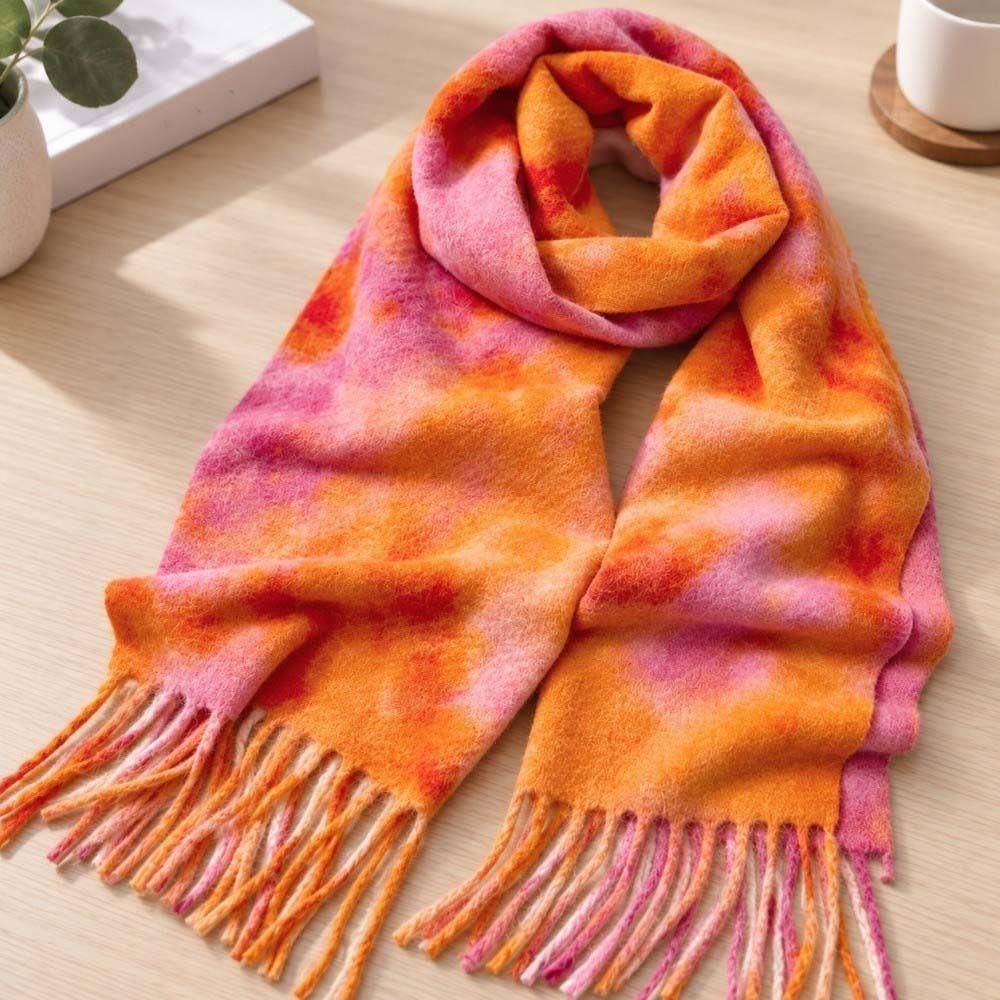 Boucle Knit Gradient Shawl Long Tassel Winter Neck Warmer Boucle Yarn Poncho Tie Dye Scarf Outdoor