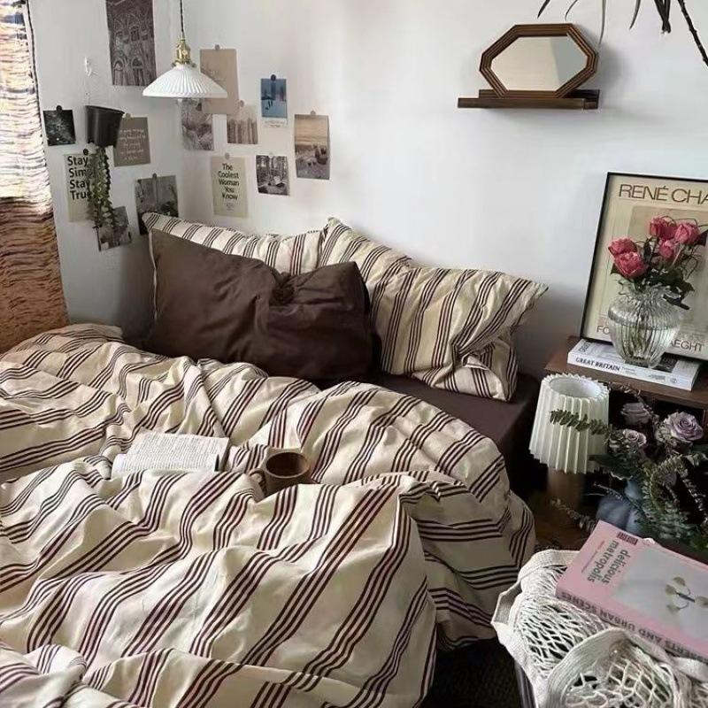 Комплект из четырех предметов из стираного хлопка с рисунком «Медведь», простыня, пододеяльник, комплект постельного белья из трех предметов, общежитие