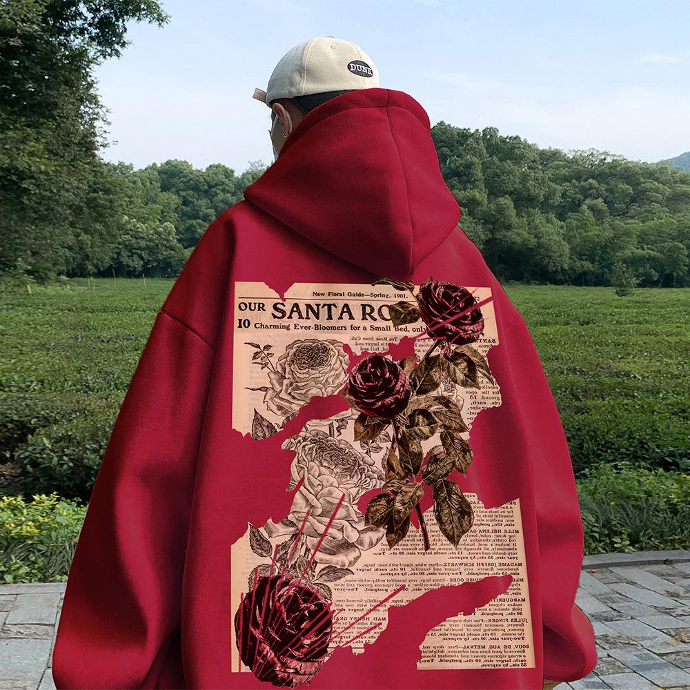 Men's Rose Print Hooded Sweatshirt: Heavyweight, Loose-Fit, Trendy American Retro Jacket for Spring & Autumn.