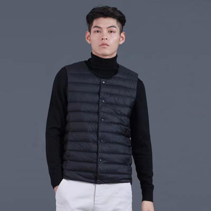 Autumn Winter New Men Thin Down Cotton Coat Vests Stand Collar Solid Button Pockets Fashion Casual Loose Sleeveless Cardigan Top